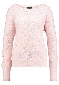 Hellrosa gestrickter Pullover mit lockerer Passform, der ein Rautenmuster und gerippte Manschetten aufweist. Das Material wirkt weich und strukturiert.