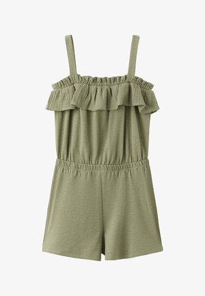 Ärmelloser olivgrüner Overall mit gerafftem Carmenausschnitt, elastischer Taille und Shorts mit geradem Bein.