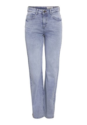 Light blue straight-leg jeans made of denim, featuring a button closure, five pockets, and subtle fading on the front and back.