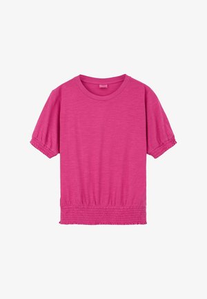 Rosa T-Shirt mit kurzen Ärmeln, Rundhalsausschnitt und gerafftem Saum. Mit puffartigen Ärmeln und einem strukturierten, leichten Stoff.