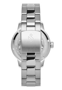 Klokke i rustfritt stål med børstet og polert overflate. Har et armbåndsdesign, rund kasse og gravert logo på låsen.