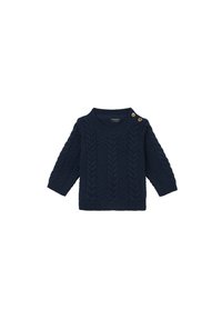 Marine gebreide sweater met een kabelpatroon, ronde hals, lange mouwen en houten knoopdetails op de schouder. Zachte textuur.