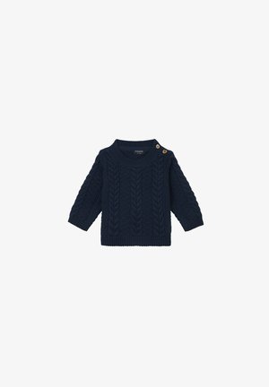 Marine gebreide sweater met een kabelpatroon, ronde hals, lange mouwen en houten knoopdetails op de schouder. Zachte textuur.