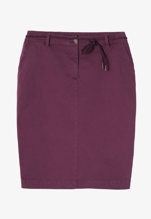 Purple cotton skirt with a straight shape, featuring a drawstring waist and button closure, and two side pockets. Smooth texture.