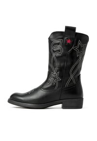 Botte de cow-boy en cuir noir avec broderie d'étoiles blanches et rouges, un design courbé, un petit talon et des coutures décoratives le long du tige.