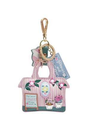 Llavero en forma de bolso a rayas rosas con bordado floral, dos flores en maceta, un charm de hoja verde y accesorios dorados para el anillo de llaves.