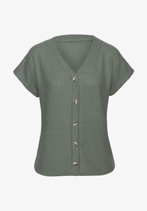Green, short-sleeve cardigan made of textured knit fabric, featuring a V-neck and six silver buttons down the front.