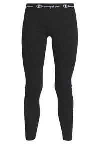 Czarne legginsy sportowe z elastycznego materiału, z białym logo "Champion" po lewej stronie oraz opaską elastyczną z logo marki na talii.