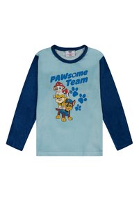 Camisa de manga larga celeste con mangas azules, que presenta un diseño de dibujos animados de perros y el texto "Equipo PAWsome" en letras azules en negrita.