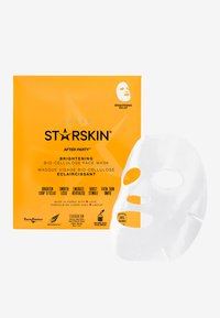 Verhelderende bio-cellulose gezichtsmaske in wit, verpakt in een oranje doos met zwarte tekst. Belangrijke details zijn onder andere de ingrediënten en instructies.