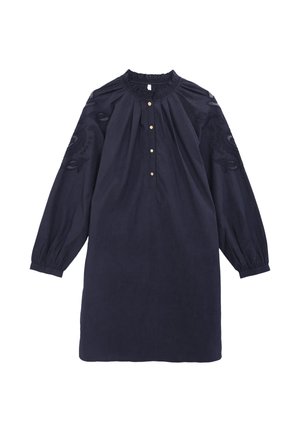 Abito blu navy con maniche lunghe a sbuffo, chiusura con bottoni e design floreale ricamato sulle maniche. Tessuto morbido e strutturato.