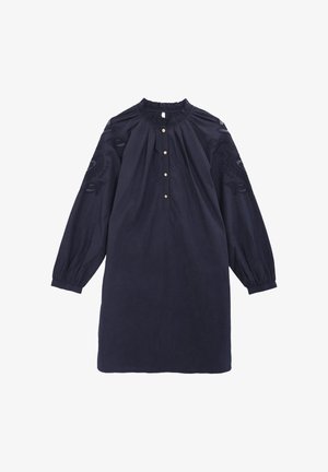 Abito blu navy con maniche lunghe a sbuffo, chiusura con bottoni e design floreale ricamato sulle maniche. Tessuto morbido e strutturato.