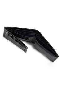 Black leather wallet with multiple card slots, bifold design, white stitching, and a smooth texture, partially open to display interior.