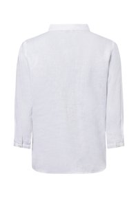 White linen shirt, long sleeves, classic collar, buttoned cuffs, smooth texture, straight hem, lightweight material, minimal design.