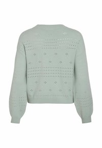 Světle zelený pletený svetr s krátkým designem, který má otevřené vzory a žebrované manžety a lem.