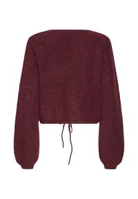 Maglione bordeaux in stile uncinetto con maniche lunghe e a sbuffo e orlo corto. Presenta un dettaglio con fiocco sul retro per una vestibilità regolabile.