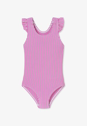 Pink and white striped swimsuit with ruffled shoulder accents, made of stretchy fabric, featuring a scoop neckline and full coverage back.