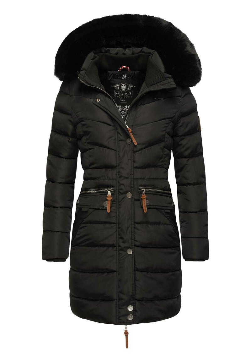 Black puffer coat with a faux fur-lined hood, zippered side pockets, brown leather accents, and a quilted pattern on the body.