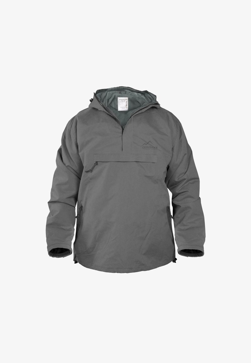 Grau Pulloverjacke aus leichtem, wasserdichtem Material. Verfügt über eine frontale Reißverschlusstasche, verstellbare Bündchen und eine teilweise Kapuze.