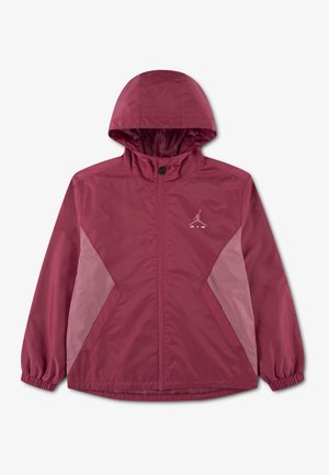 Bordeauxrød windbreaker med hætte, lyserøde sidepaneler, lynlås foran, elastiske manchetter og Jordan-logo på venstre bryst.