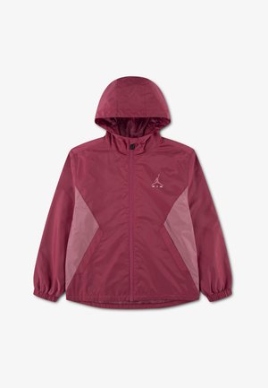 Burgunderfarbene Windjacke mit Kapuze, hellrosa Seitenteilen, Frontreißverschluss, elastischen Bündchen und Jordan-Logo auf der linken Brust.