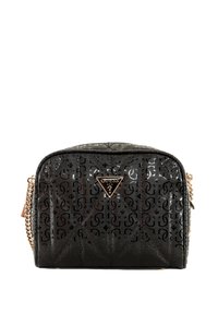 Borsa a tracolla nera in materiale sintetico con motivo trapuntato, targhetta logo lucida, tracolla in catena dorata e un sottile design a monogramma.