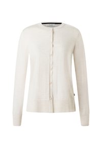 Krémový kardigan s kulatým výstřihem, dlouhými rukávy, zapínáním na knoflíky vpředu a žebrovanými detaily na manžetách a spodním okraji. Lehká, hladká textura.