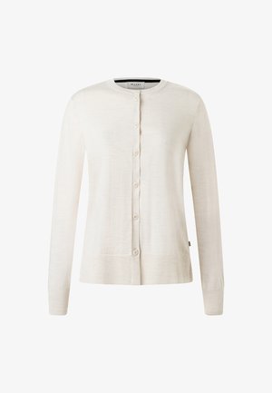 Kremowy kardigan z okrągłym dekoltem, długimi rękawami, zapięciem na guziki z przodu oraz prążkowanymi detalami przy mankietach i brzegu. Lekki, gładki w dotyku.