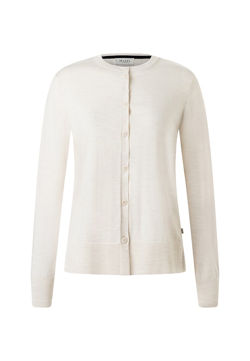 Krémový kardigan s kulatým výstřihem, dlouhými rukávy, zapínáním na knoflíky vpředu a žebrovanými detaily na manžetách a spodním okraji. Lehká, hladká textura.