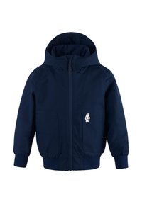 Veste à capuche bleu marine avec une fermeture éclair à l'avant, deux poches latérales et des poignets côtelés. Présente un petit logo blanc sur la zone gauche de la poitrine.