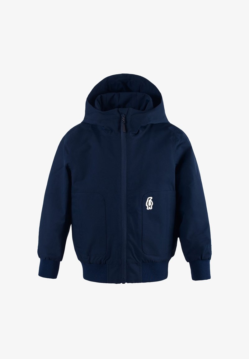 Veste à capuche bleu marine avec une fermeture éclair à l'avant, deux poches latérales et des poignets côtelés. Présente un petit logo blanc sur la zone gauche de la poitrine.