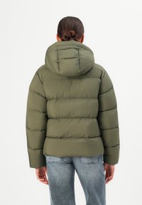 Persoon met gevlochten haar in een olijfgroene gewatteerde jas met capuchon en lichtblauwe spijkerbroek, gezien van achteren.