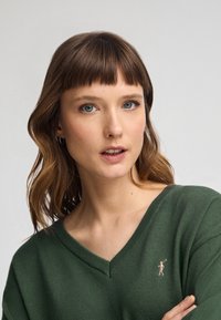 Pull à col en V vert, texture tricotée, avec un petit logo rose sur la poitrine gauche. L'arrière-plan est neutre, mettant en valeur la couleur du vêtement.