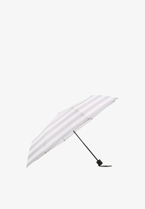 Gestreifte Sonnenliege mit einem hellgrauen und weißen Muster, schwarzem Metallrahmen und Kunststoffgriff. Das Design zeichnet sich durch ein gewölbtes Dach und ein bedrucktes Logo aus.