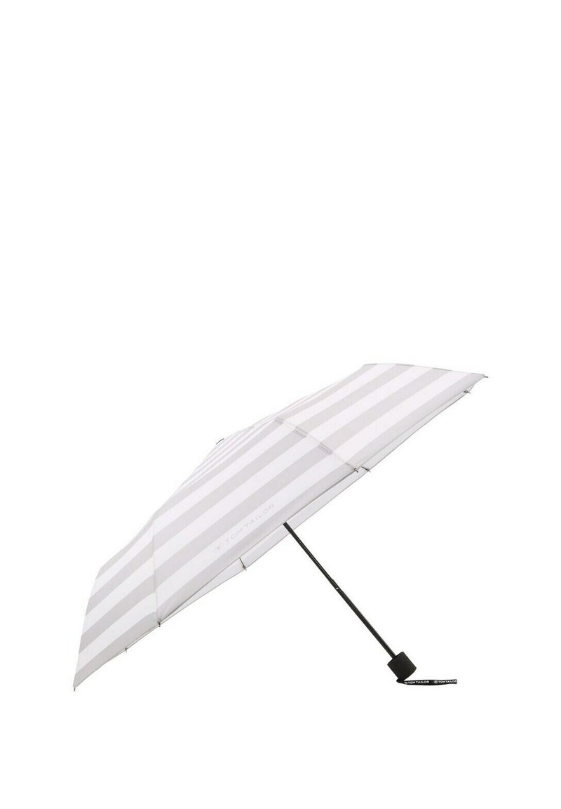 Striped umbrella with a light gray and white pattern, black metal frame, and plastic handle. Design features a curved canopy and printed logo.