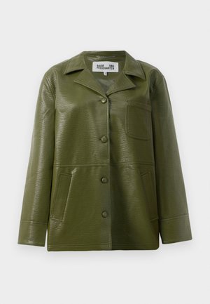 Green leather jacket with a textured finish, featuring a collared neck, front button closure, two side pockets, and one chest pocket.