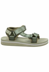 Green sandal with fabric straps, textured light brown footbed, and a speckled sole. Features two adjustable strap closures and white accent lines.