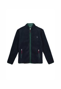 Marineblaue Fleecejacke mit hohem Kragen, grünem Reißverschluss und zwei Reißverschluss-Taschen mit roten Akzenten. Weicher Stoff und lässiges Design.