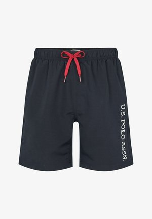 Tengerész kék fürdőnadrág piros zsinórral és fehér U.S. Polo Assn. logóval. Rugalmas derékkal és zsebekkel rendelkezik.