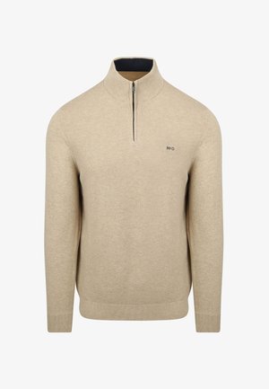 Beige-Halbzipper-Pullover aus strukturiertem Strickstoff, mit schwarzem Innenkragen und minimaler Markenkennzeichnung auf der Brust. Rippbündchen.