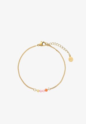 Feines Armband aus Goldkette mit vier kleinen runden Perlen in Gelb, Pink und Orange, ausgestattet mit einem Karabinerverschluss und verstellbarem Kettenverlängerer.