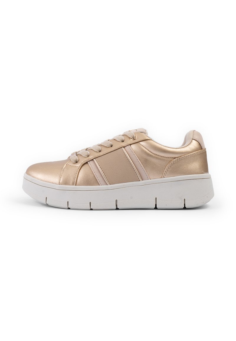 Metallic rose gold sneaker with smooth upper, white rubber sole, and decorative side panels. Features flat laces and padded collar.