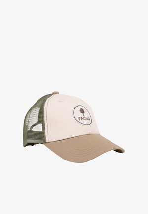 Casquette trucker beige et kaki avec dos en maille et patch logo circulaire représentant un arbre et le texte "FAGUO" sur le panneau avant.