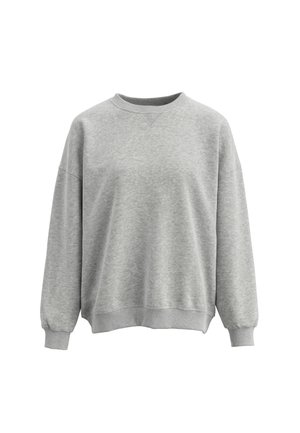 Lysegrå crewneck sweatshirt med lange ærmer, ribkantede manchetter, kant og halsudskæring, vist på en hvid baggrund.