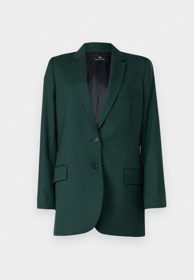 Green tailored blazer made of smooth fabric, featuring a notched lapel, two buttons, and two front pockets with subtle stitching details.