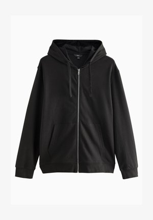 Schwarze Zip-Hoodie mit einer Kordelzugkapuze, langenÄrmeln und Fronttaschen. Aus weichem, glattem Stoff mit lockerer Passform.