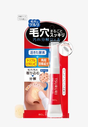 Tube de gel nettoyant pour pores du nez avec applicateur, l'emballage montre le gel appliqué sur le nez et un gros plan des pores nettoyés.