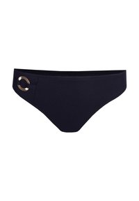 Navy blue bikini bottom made of smooth fabric, featuring a gold circular accent on the side and a classic low-rise design.