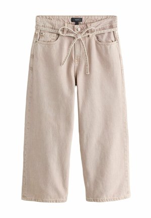Pantalon beige à jambes larges et longueur raccourcie avec poches avant, passants pour ceinture, fermeture par bouton et ceinture en tissu de la marque NEXT.