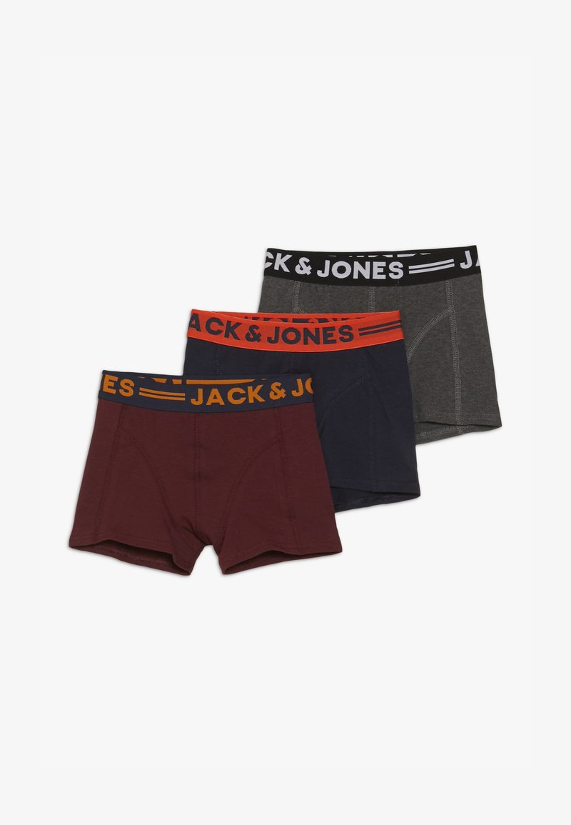 Three pairs of men's boxer briefs in burgundy, navy, and gray, featuring elastic waistbands with contrasting text and stitching details.